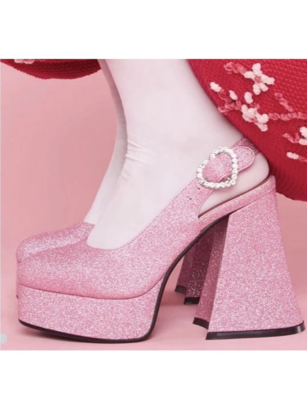 SUGAR THRILLZ Paradise Heart Pink Glitter Platform Heels Jewel Clasp Sz 8